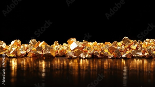 Shimmering gold nuggets on a black background, representing wealth, mining, and success with copy space.