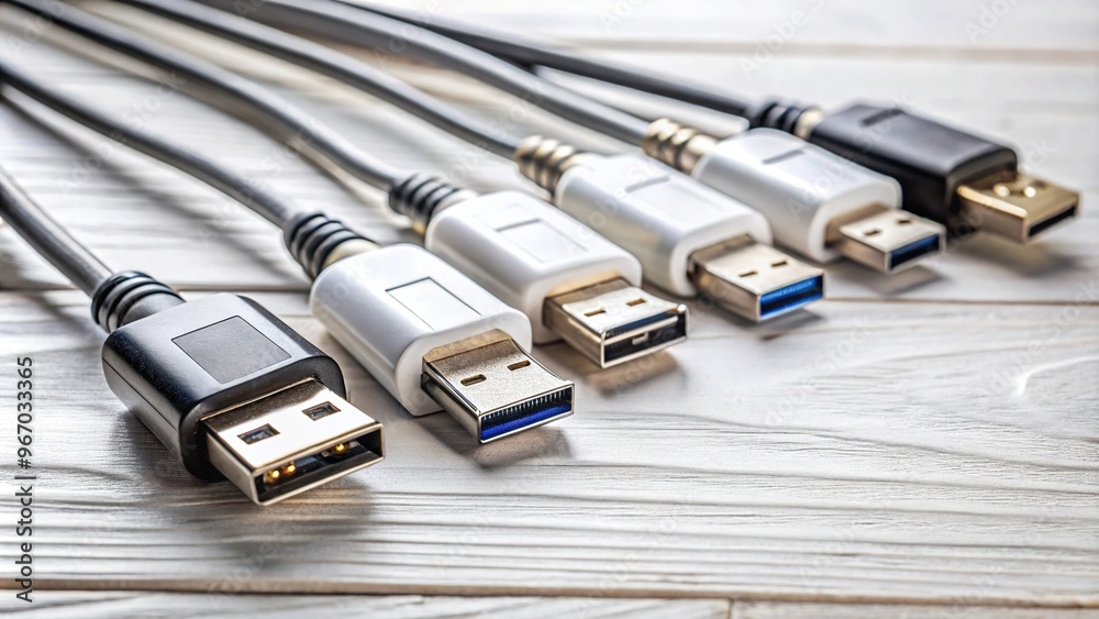 USB ports of various shapes and sizes on a white wooden background USB ports of various shapes and sizes on a white wooden background