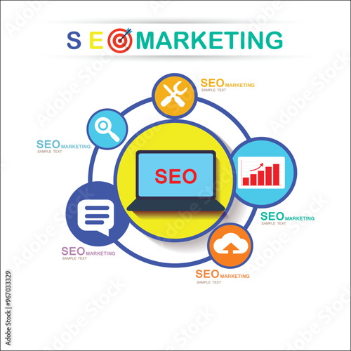 SEO, marketing search cloud ranking Vector illustration  with icons on white background.