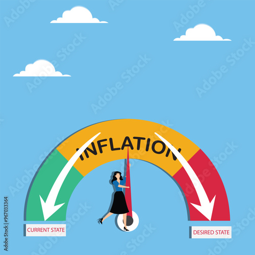 Effort to reduce inflation rate, fighting against financial crisis, stabilizing economy concept, Businesswoman trying to pull pointer of inflation rate gauge to normal level