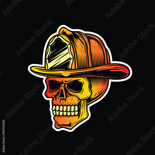 Human skull in a fire helmet. Firefighter. Original vector illustration in vintage style isolated on black background. T-shirt design.