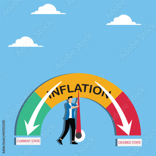 Effort to reduce inflation rate, fighting against financial crisis, stabilizing economy concept, Businessman trying to pull pointer of inflation rate gauge to normal level