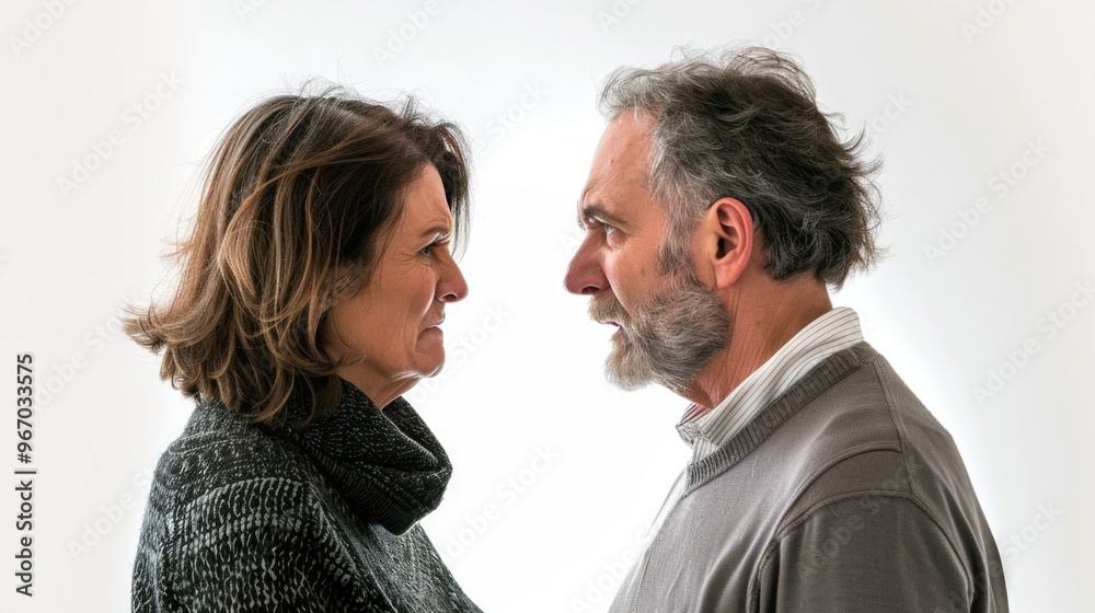 Quarreling middle-aged couple on white background. Relationship challenges and human emotions concept. Conflict and tension atmosphere. Quarreling middle-aged couple on white background. Relationship challenges and human emotions concept. Conflict and tension atmosphere.
