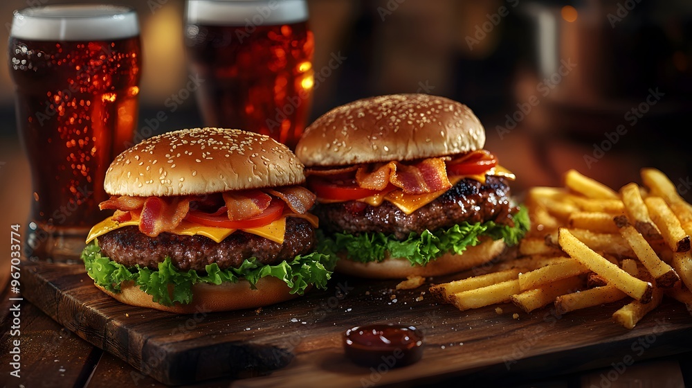 Gourmet Cheeseburger with Bacon, Fries, and Soda on a Wooden Board,Generative AI Gourmet Cheeseburger with Bacon, Fries, and Soda on a Wooden Board,Generative AI