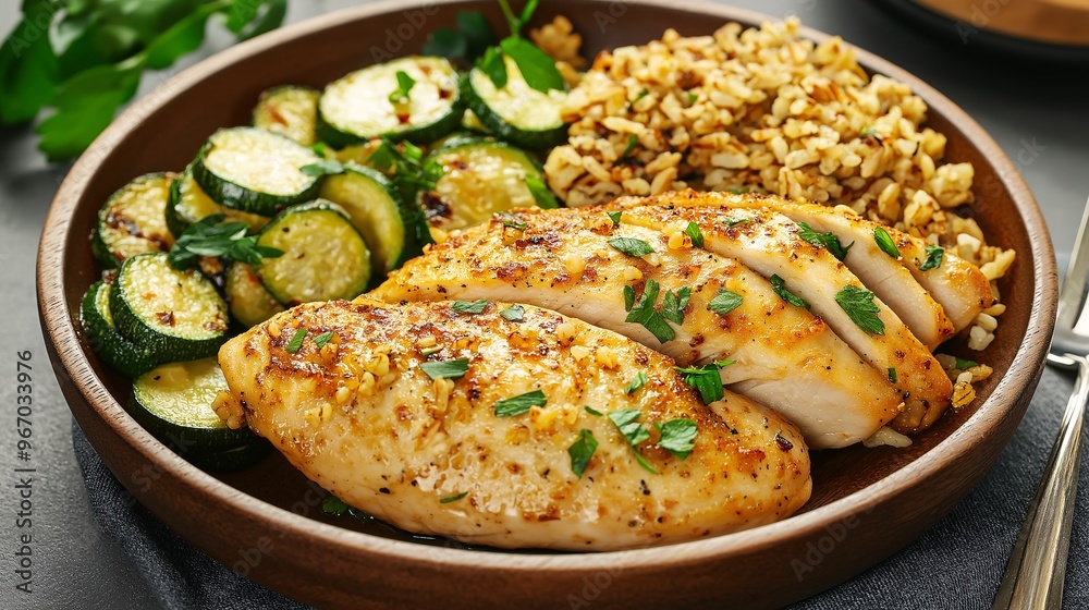 Grilled Chicken with Zucchini and Rice: A healthy and delicious meal with grilled chicken, zucchini, and rice on a wooden plate. The chicken is juicy and flavorful, the zucchini is cooked to perfectio Grilled Chicken with Zucchini and Rice: A healthy and delicious meal with grilled chicken, zucchini, and rice on a wooden plate. The chicken is juicy and flavorful, the zucchini is cooked to perfectio