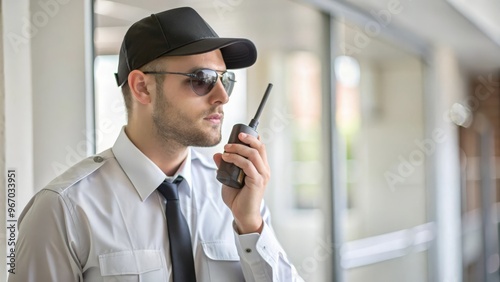 Security Guard Communicating with Walkie-Talkie

