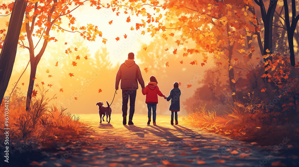 Fototapeta premium Family walking their dog along a scenic trail with autumn leaves falling
