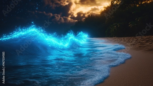 Bioluminescent waves on tropical beach at dusk with glowing blue water and dramatic clouds