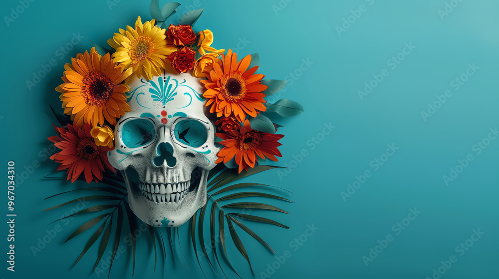Skeleton girl with a floral garland, standing in a vibrant paper cut garden Skeleton girl with a floral garland, standing in a vibrant paper cut garden