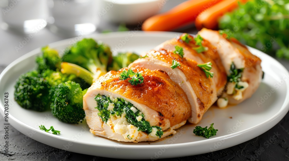 Delicious chicken roulade filled with spinach and cheese, served with fresh broccoli and carrots on a white plate. Delicious chicken roulade filled with spinach and cheese, served with fresh broccoli and carrots on a white plate.