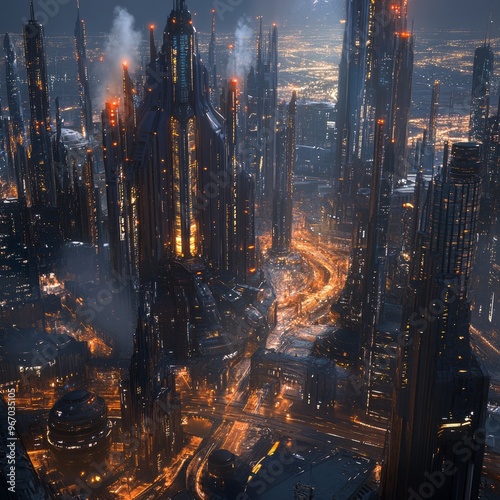 A futuristic city skyline with towering skyscrapers, illuminated by glowing lights.