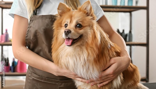 woman groomer with cute dog in modern salon photo