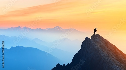 Silhouette of a couple celebrating on a mountain peak at sunset with vibrant orange and blue hues.