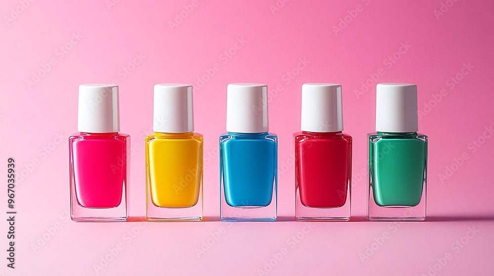 Colorful Nail Polish Bottles on Pink Background Colorful Nail Polish Bottles on Pink Background