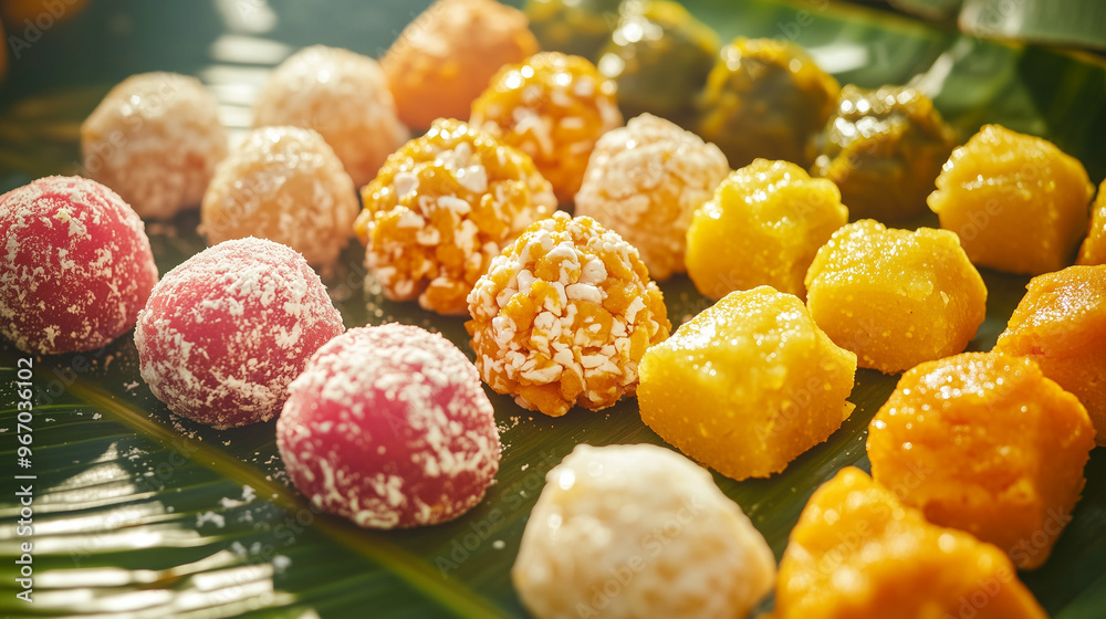 Selection of Indian sweets, ladoo and barfi, served on a banana leaf Selection of Indian sweets, ladoo and barfi, served on a banana leaf