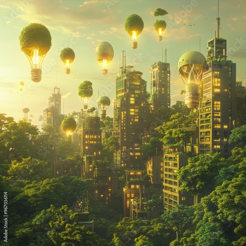 A futuristic city with lush greenery and hot air balloons powered by light bulbs. photo