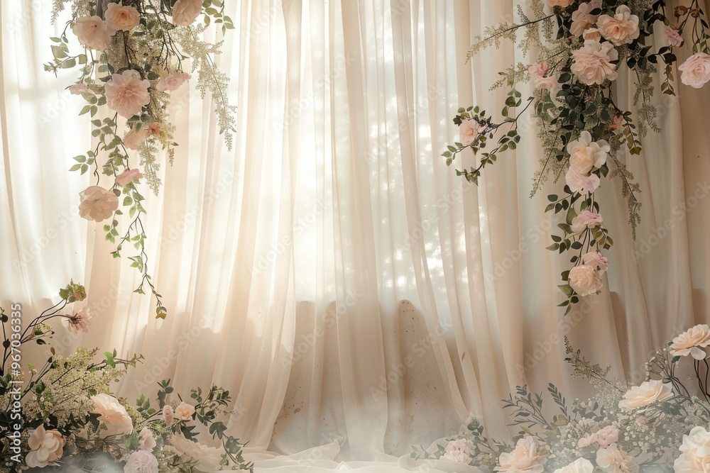 Scandi-Boho style gentle lavender studio backdrop with a matte finish, light beige curtains with minimalist patterns, adorned with clusters of blush hydrangeas and trailing ivy, with light fog haze Scandi-Boho style gentle lavender studio backdrop with a matte finish, light beige curtains with minimalist patterns, adorned with clusters of blush hydrangeas and trailing ivy, with light fog haze