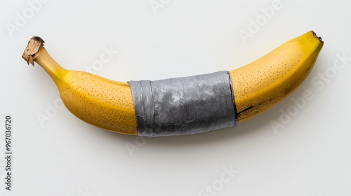 A banana with gray duct tape wrapped around it against a white background. A conceptual look at contemporary art. Ripe banana glued to a white isolated background.