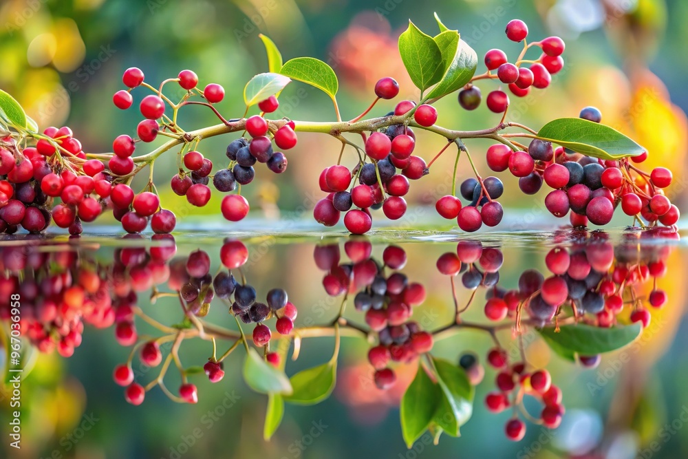 Obraz premium Vibrant berries of Amur cork tree reflecting in water