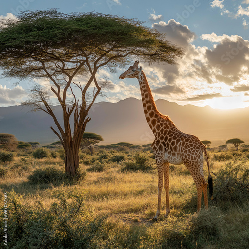 Giraffe standing tall among acacia trees