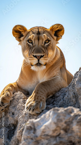 Lioness resting on a rocky outcrop