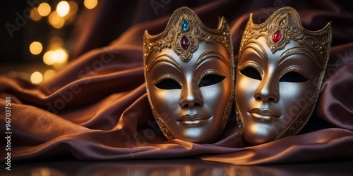 Two light theatrical actor's masks depicting different emotions lie on satin silk.