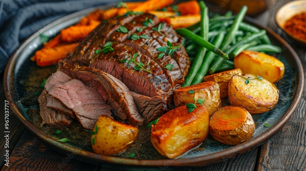 Close up of homemade roast beef with golden potatoes, carrots, and green beans on rustic plate Close up of homemade roast beef with golden potatoes, carrots, and green beans on rustic plate