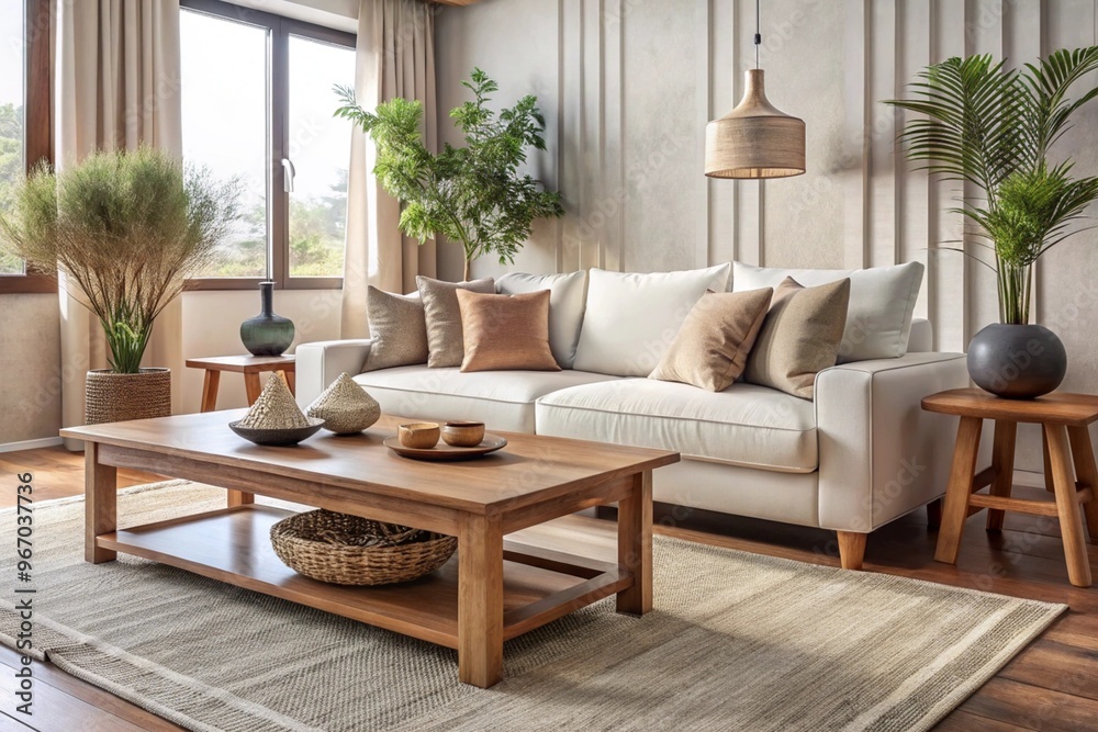 Rustic coffee table near white fabric sofa against window Japandi style home interior design of modern living room Rustic coffee table near white fabric sofa against window Japandi style home interior design of modern living room
