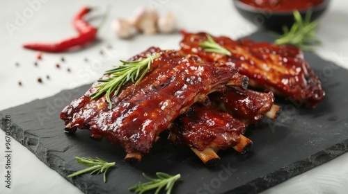 Delicious barbecue ribs with rosemary on slate plate, closeup. photo