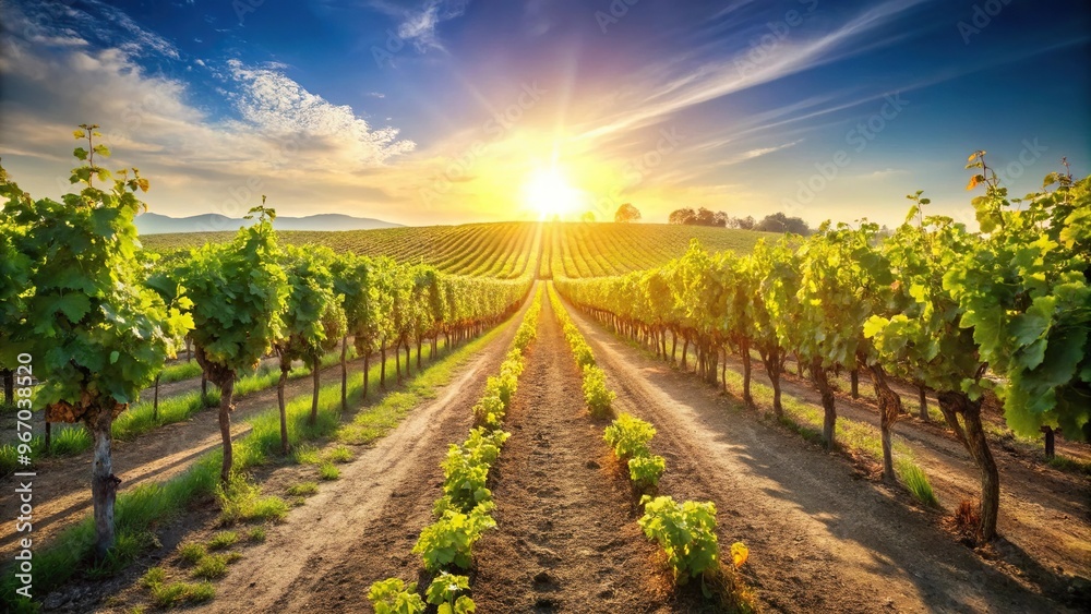 Fototapeta premium Vibrant grape field under sunny skies with focus on details, leading lines