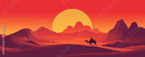 A silhouetted rider on a camel against a vibrant orange sunset in a desert landscape.