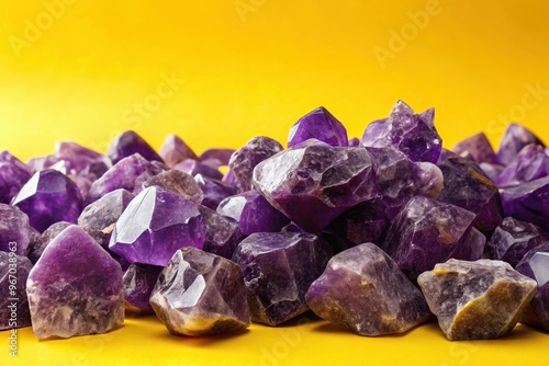 Vibrant image of large amethyst boulders against a yellow backdrop photo