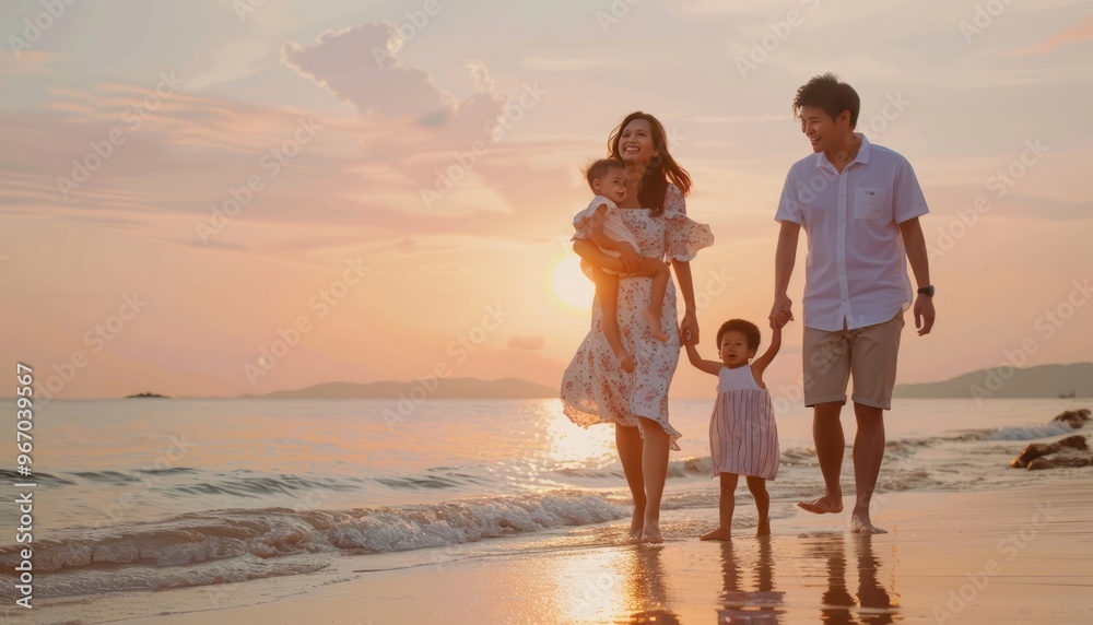 Sunset Stroll: A Blissful Summer Evening with a Happy Asian Family on the Beach Sunset Stroll: A Blissful Summer Evening with a Happy Asian Family on the Beach