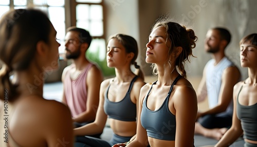 serene yoga class with focused individuals practicing meditation and breathing in a calm, peaceful environment