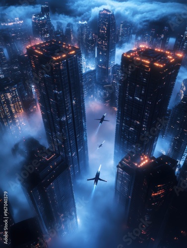 Flying vehicles navigate between tall buildings in a cloud city, showcasing advanced transportation systems and air traffic innovation in a futuristic metropolis. photo