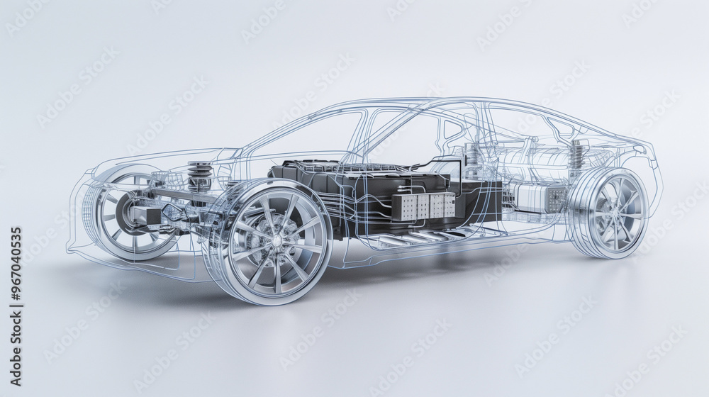 Fototapeta premium A line art 3D illustration displays a modern electric car chassis x-ray, revealing the vehicle battery in a studio environment.