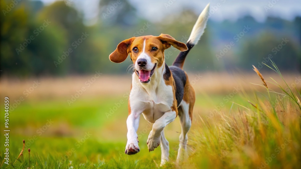 The American foxhound bursts through the sun-drenched field, its ears alert and ears perked high, tail wagging The American foxhound bursts through the sun-drenched field, its ears alert and ears perked high, tail wagging