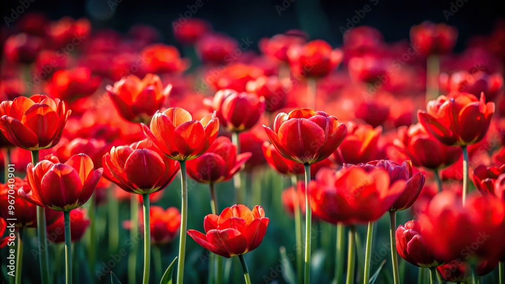 Vibrant red flowers in focus against dark black background with blurred depth of field Vibrant red flowers in focus against dark black background with blurred depth of field