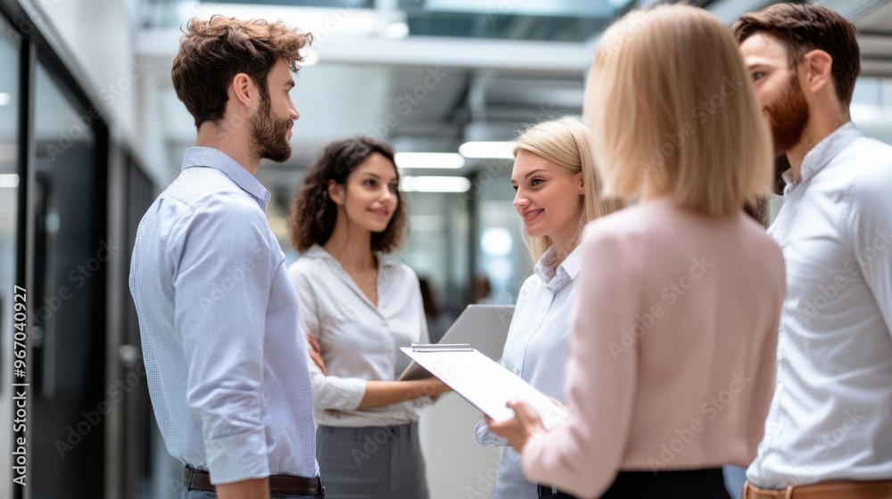 A group of people standing around talking in an office, AI A group of people standing around talking in an office, AI