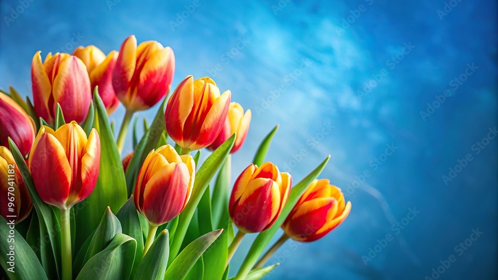 vibrant red yellow tulips against blue background vibrant red yellow tulips against blue background