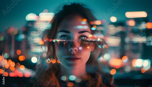 Dreamy portrait of a woman amidst a surreal cityscape, blending ethereal distortion and vibrant urban lights