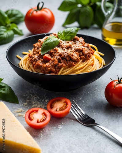 Pasta spaghetti bolognese with minced beef sauce, tomatoes, parmesan cheese and fresh basil in a plate.