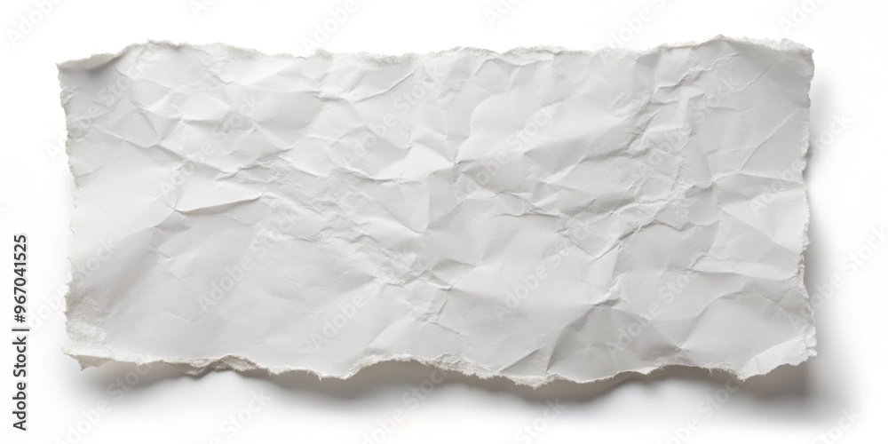 The crumpled paper sheet sits atop a clean white surface, its folded edges and torn surfaces projecting a The crumpled paper sheet sits atop a clean white surface, its folded edges and torn surfaces projecting a