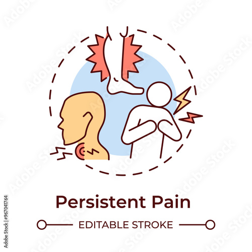Persistent pain multi color concept icon. Symptom of cancer. Chronic pain in chest and leg. Muscle sore. Round shape line illustration. Abstract idea. Graphic design. Easy to use in article