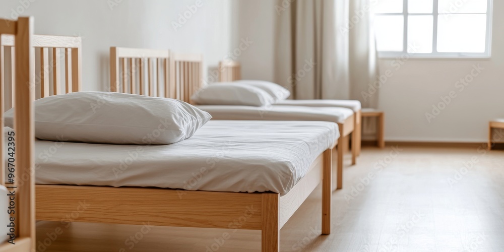 An empty dorm room with wooden beds lined up, white walls An empty dorm room with wooden beds lined up, white walls