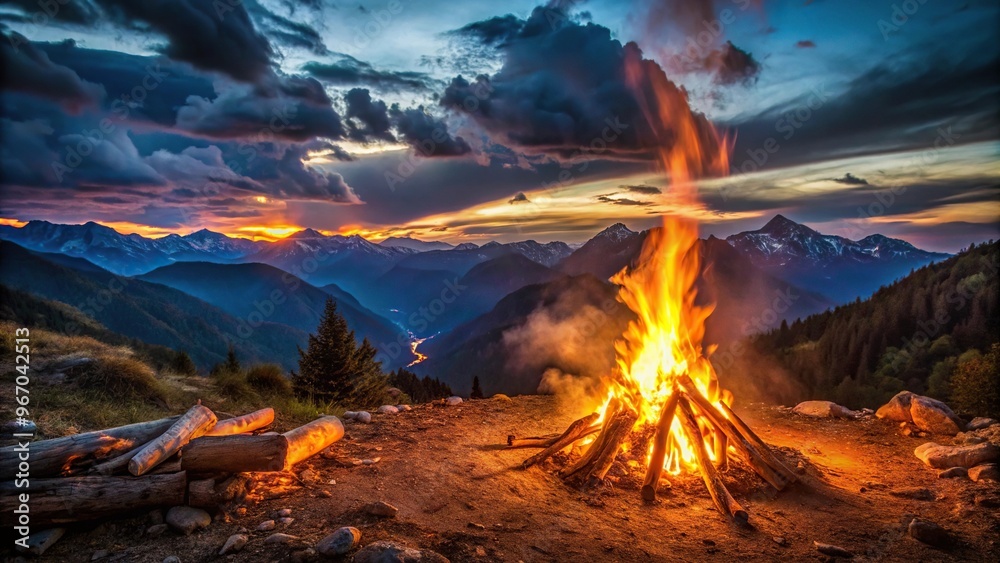 Fototapeta premium View of bonfire burning at night with mountains in background
