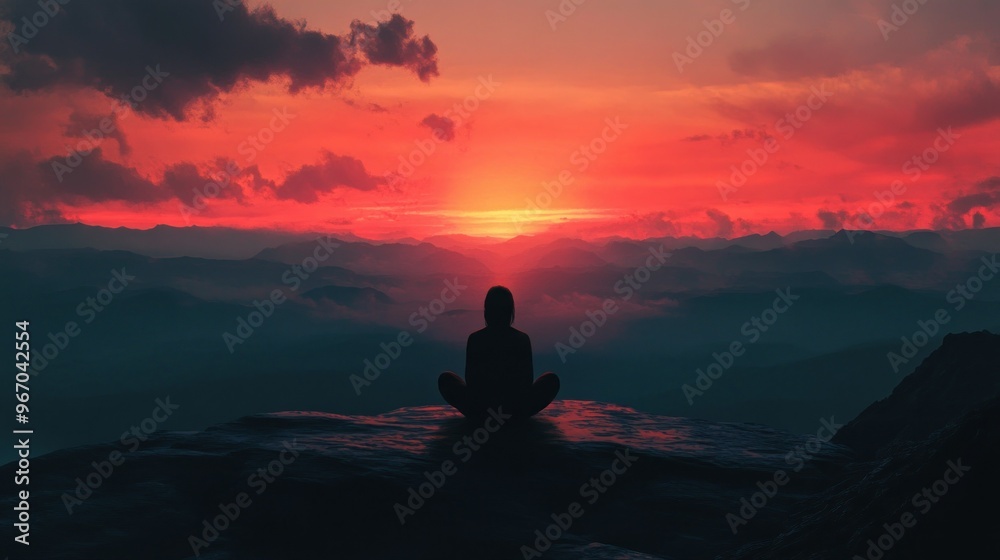 Silhouette of a Person in Meditation on a Mountaintop at Sunset Silhouette of a Person in Meditation on a Mountaintop at Sunset