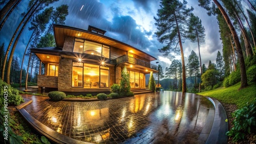 Villa in forest at night with rain fisheye