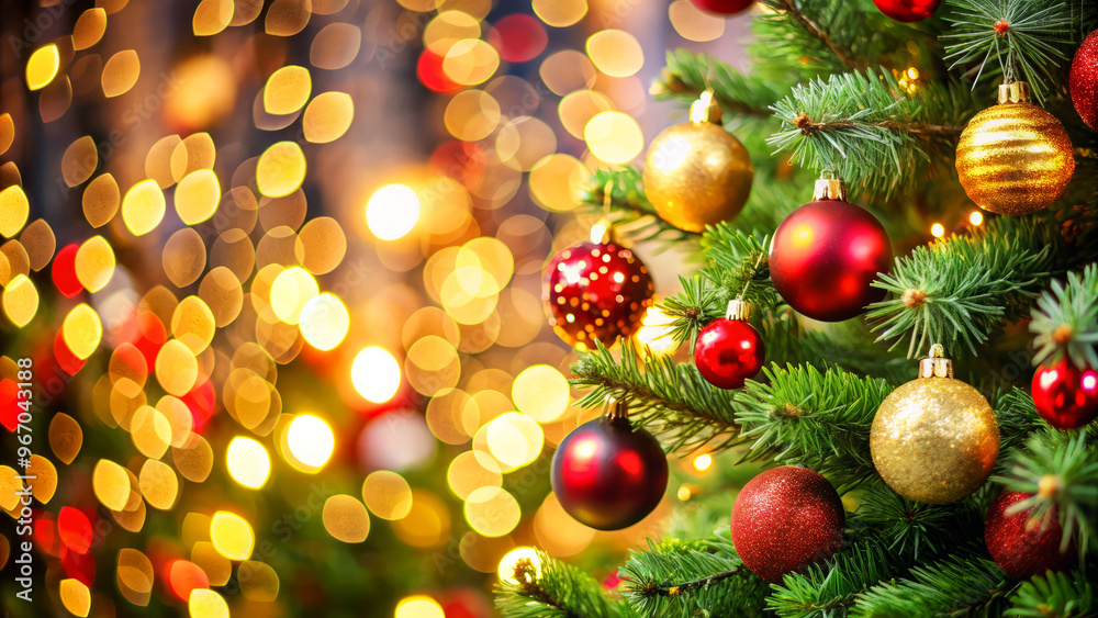 Christmas tree ornaments with warm bokeh lights. Christmas tree ornaments with warm bokeh lights.