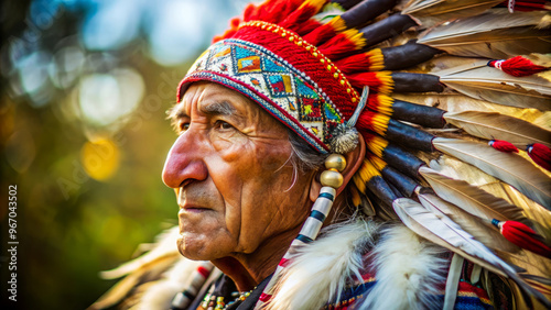 Native American Elder In Traditional Headdress. Close-Up Portrait. Cultural Heritage. Respect For Indigenous Peoples. photo